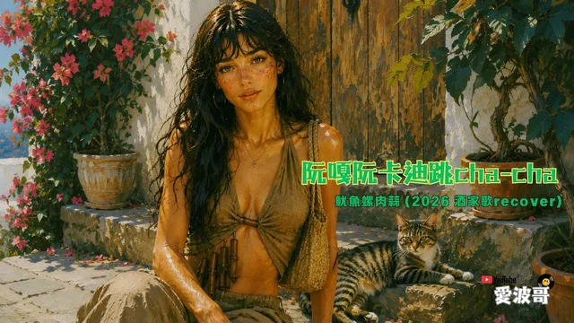 高彩度 AI 油畫風格畫面：黑色長髮女子坐在南國石屋前，身旁有一隻虎斑貓，右側以綠黃色字排出片名「阮嘎阮卡迪跳 Cha-Cha」