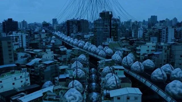 《繭房》畫面：藍灰色城市上方垂落大量纜線，軌道與屋頂排列一顆顆被線牽引的巨大腦形繭