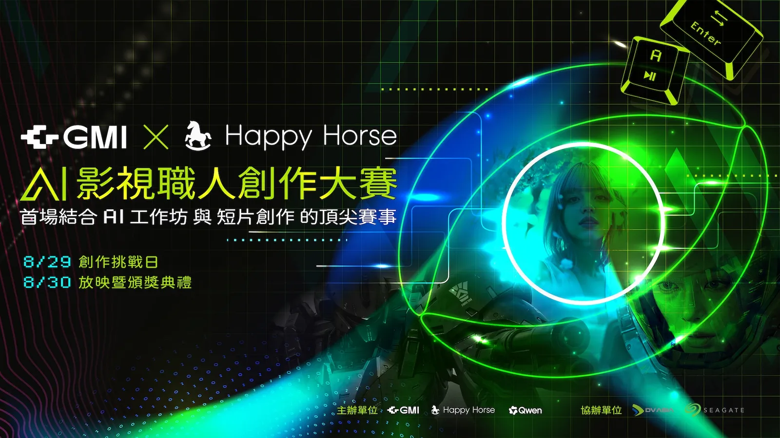 2026 GMI AI 影視職人創作大賽主視覺，黑綠網格上以霓虹光環圈住 AI 生成角色，並標示 8 月 29 日創作挑戰與 8 月 30 日放映頒獎