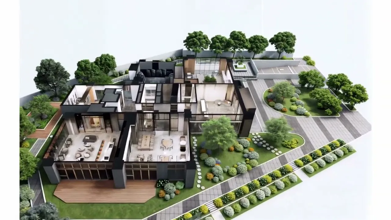 建築住宅的 3D 透視模型懸浮在深色背景，畫面標示 AI 的感性與 3D 的理性