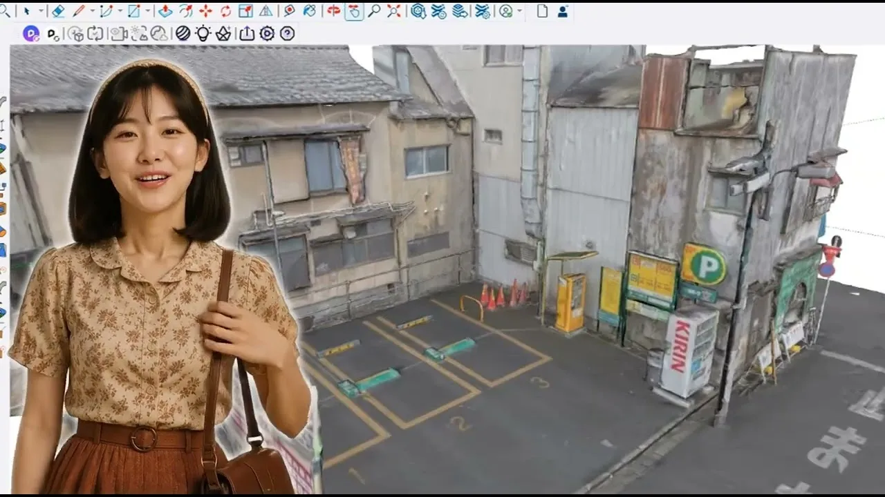 NiBO 站在街景重建畫面前，背景並列都市實拍、點雲式 3D 場景與軟體操作介面