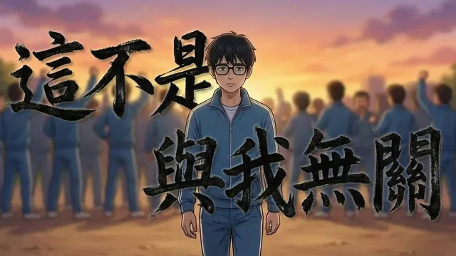 動畫風格畫面：戴眼鏡、穿藍色運動服的少年面無表情站在正中央，身後夕陽下站著一整排模糊的同色制服身影，畫面疊著書法片名「這不是與我無關」