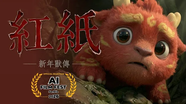 3D 動畫畫面：一隻紅毛小年獸趴在長滿青苔的岩石上，睜著大眼睛怯生生看向鏡頭，左側是血紅色書法字「紅紙・新年獸傳」與 AI Film Fest Serbia 2026 的官方入選桂冠