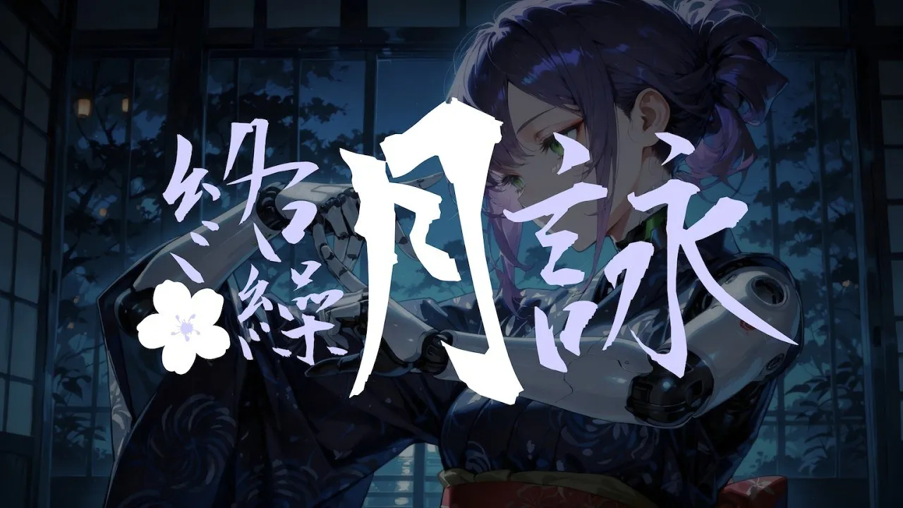 深夜和室裡的賽博藝妓，紫髮盤髻、機械義肢，身穿藍色浴衣，畫面疊著毛筆字「絡繰月詠」