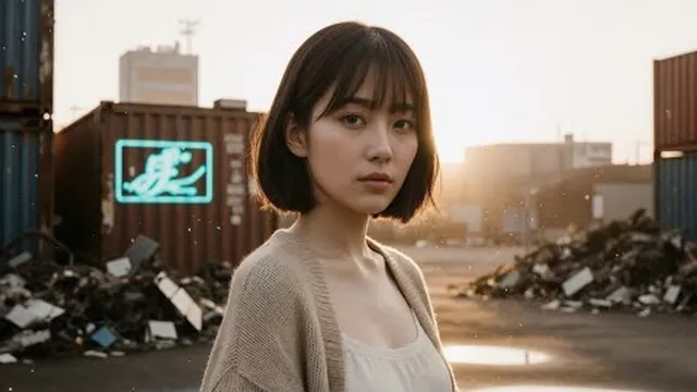 夕陽下的貨櫃回收場，短髮少女穿米色針織外套回望鏡頭，遠處貨櫃上有青色霓虹字