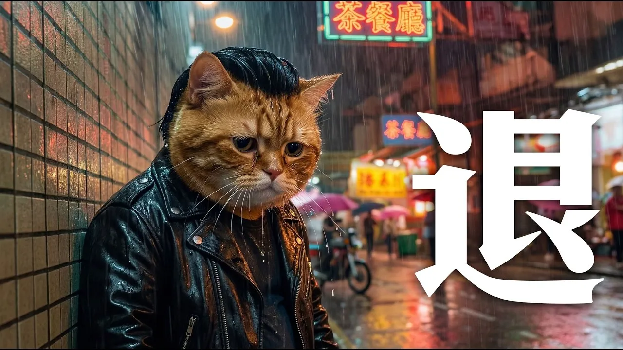 雨夜的街頭，一隻穿黑色皮夾克、梳油頭的橘貓擬人角色靠在磁磚牆邊低頭不語，身後是「茶餐廳」霓虹招牌與被雨打亮的路面，右側疊著白色大字「退」