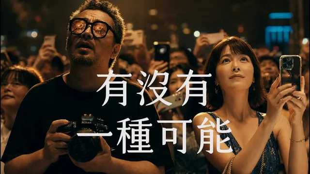 夜晚的戶外人群中，戴粗框眼鏡、鏡片映著煙火的中年男子手持單眼相機抬頭仰望，右側短髮女子舉起手機拍攝，四周是舉著手機的人群與城市燈光，中央疊著白色標題「有沒有一種可能」