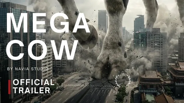 巨牛的腿踏進台灣城市，煙霧與碎石包圍街道，左側寫著 Mega Cow，右下角標示 Official Trailer