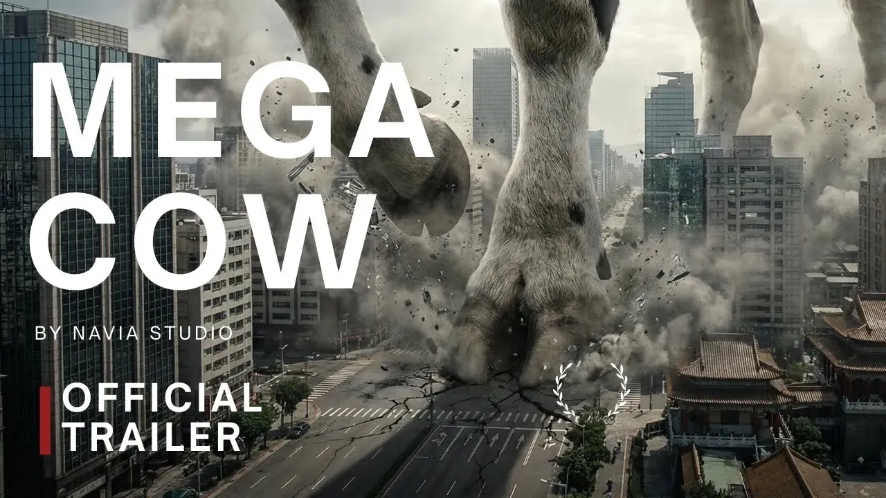 巨牛的腿踏進台灣城市，煙霧與碎石包圍街道，左側寫著 Mega Cow，右下角標示 Official Trailer