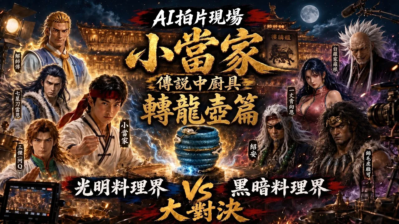 《中華一番》八位角色的寫實化群像海報，中央是發出藍光的轉龍壺，底部標著「光明料理界 VS 黑暗料理界大對決」，左下角露出片場監看螢幕