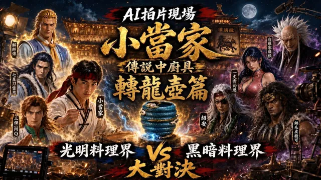 《中華一番》八位角色的寫實化群像海報，中央是發出藍光的轉龍壺，底部標著「光明料理界 VS 黑暗料理界大對決」，左下角露出片場監看螢幕