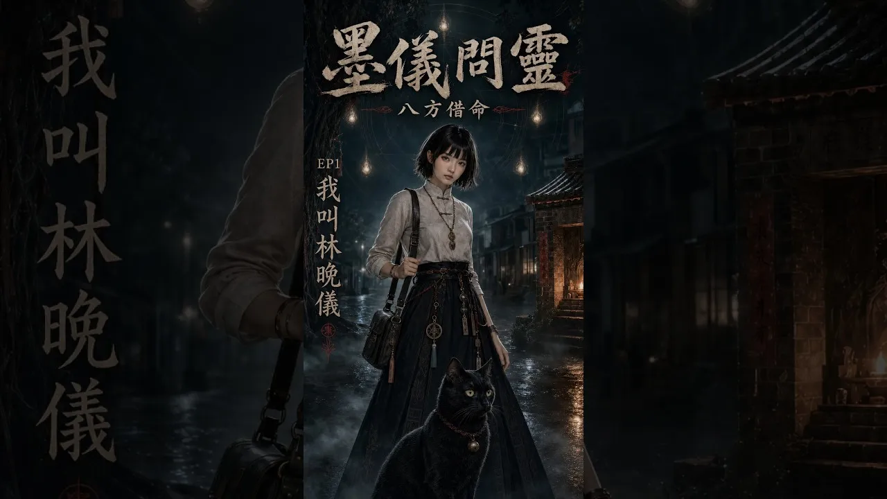 直式劇集海報置中於模糊的同圖襯底：雨夜老街上一名短髮少女與一隻黑貓並立，上方是「墨儀問靈・八方借命」書法標題