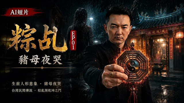 雨夜廟埕前，一名西裝男子舉起燃著火光的八卦鏡直視鏡頭，身後遠處站著一個長髮女鬼的模糊身影