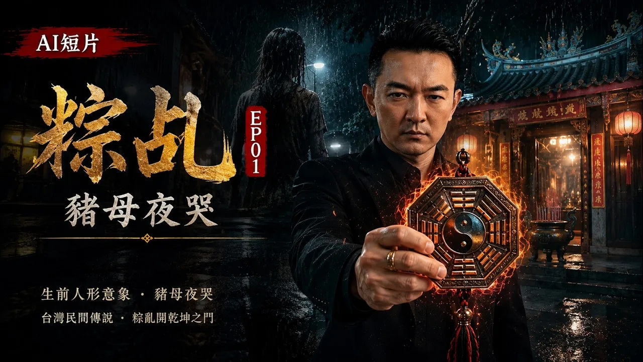 雨夜廟埕前，一名西裝男子舉起燃著火光的八卦鏡直視鏡頭，身後遠處站著一個長髮女鬼的模糊身影