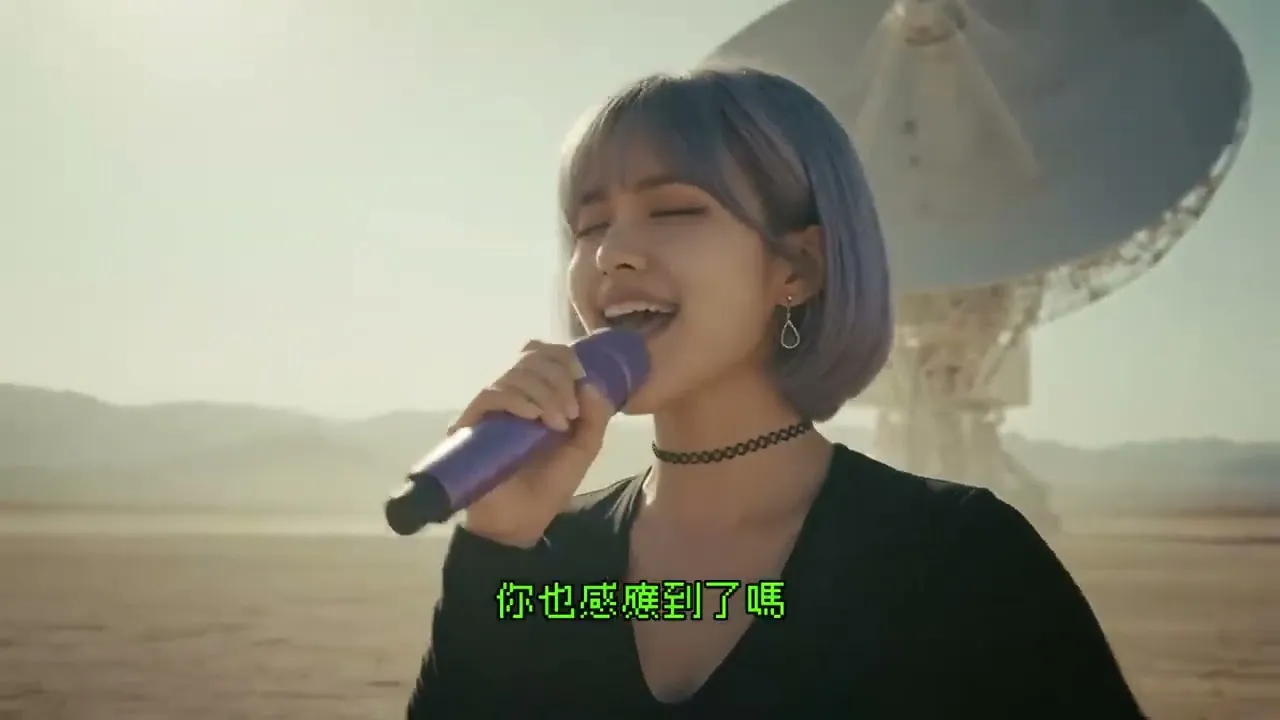 逆光的荒漠中，藍紫色鮑伯頭的 AI 歌手閉眼握著紫色麥克風高唱，身後是一座巨大的碟形電波望遠鏡，畫面下方壓著綠色內嵌字幕「你也感應到了嗎」
