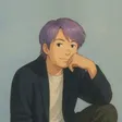 本人 YouTube 頻道頭像：日式動畫筆觸的插畫自畫像，紫髮、深色開襟外套配米白素 T，單手托腮側坐，襯在灰藍色的紙質背景上