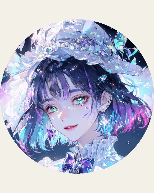 數據女巫 D.pys 的創作者頭像：虹彩碎片與蝴蝶環繞黑紫短髮、綠眼的幻想人物，圓形構圖