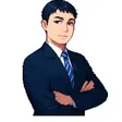 黃宏瑞的像素風格自畫像：深藍西裝、藍白條紋領帶，雙手抱胸站在白色背景前