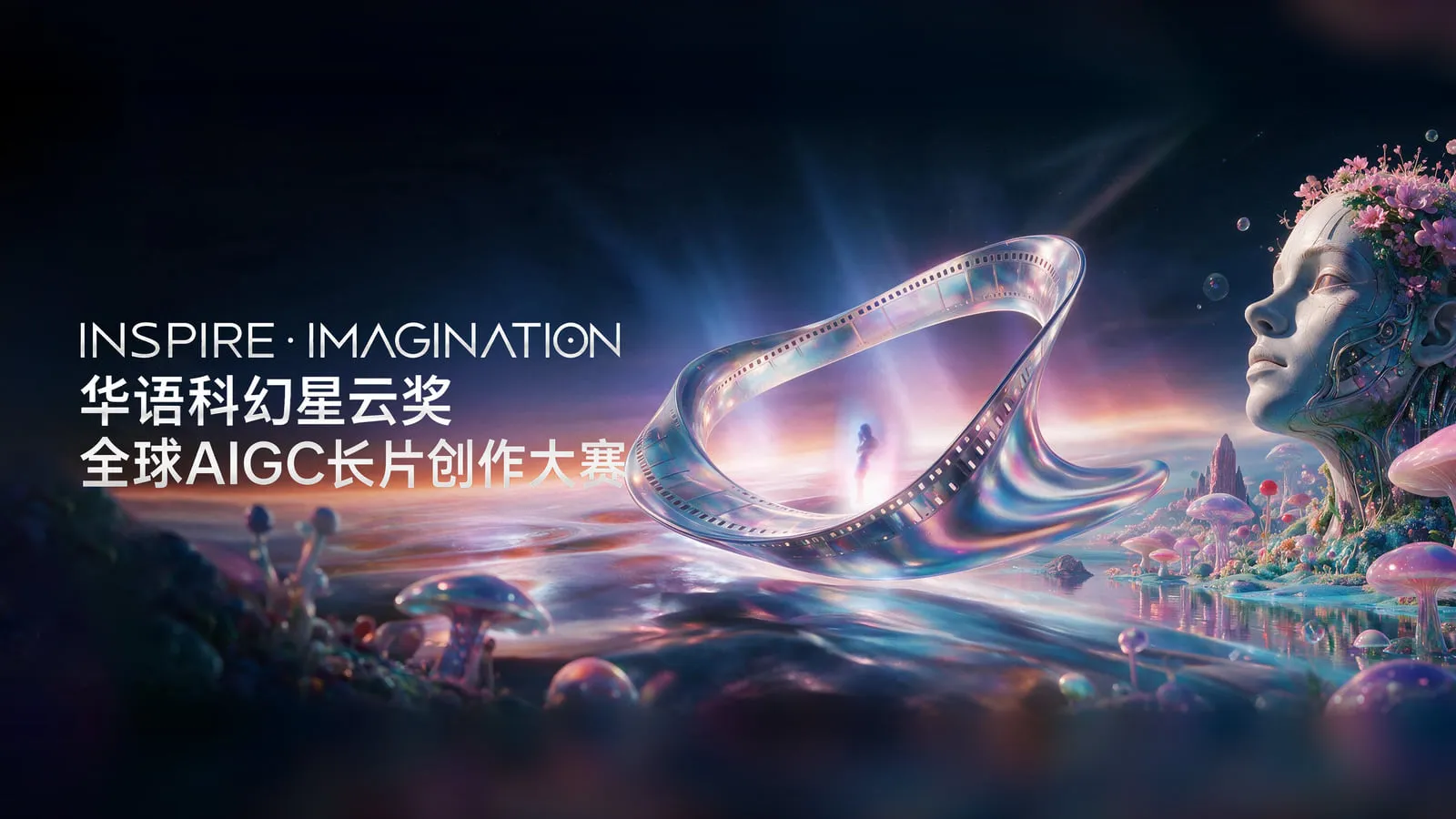 RunningHub 全球 AIGC 長片創作大賽主視覺：深藍星空下，一條泛著彩虹光澤的半透明膠卷扭成莫比烏斯環，懸在粉紫霞光映照的水面上，環中站著一個發光的人影；右側是頭戴粉色花冠、半機械的巨大女性側臉，前景散布發光的蘑菇與奇幻小島；左側白字寫著 INSPIRE · IMAGINATION 與簡體中文的「華語科幻星雲獎　全球AIGC長片創作大賽」