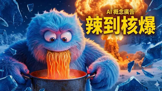 藍色毛怪在冰原端著鍋吃麵，背後升起蕈狀雲，畫面以大字寫著辣到核爆與 AI 概念廣告