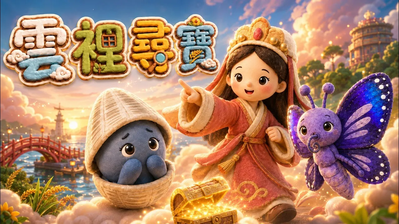 彩色偶動畫風格畫面中，紅衣女孩指向竹籃裡的圓形小怪物，周圍有寺廟、稻田、蝴蝶與金色寶箱