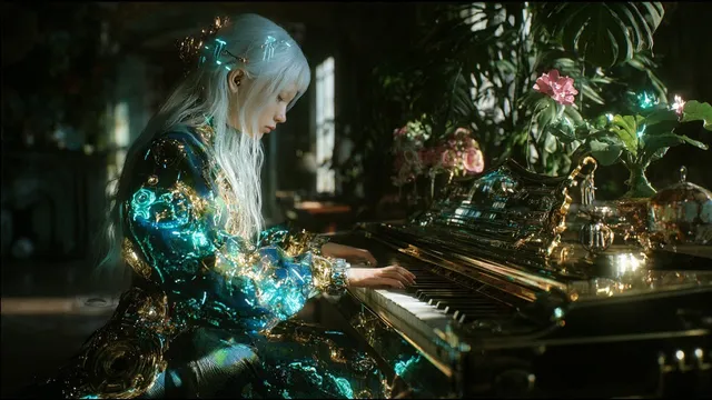 銀白長髮的仿生女子身穿泛著青綠光芒的金屬義體服，在繁茂花草旁彈奏金色機械鋼琴